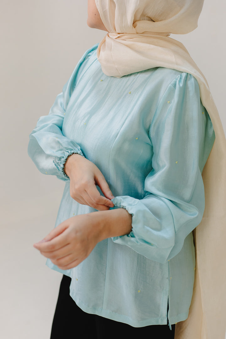 Puffy Sleeve Aqua Blue Top