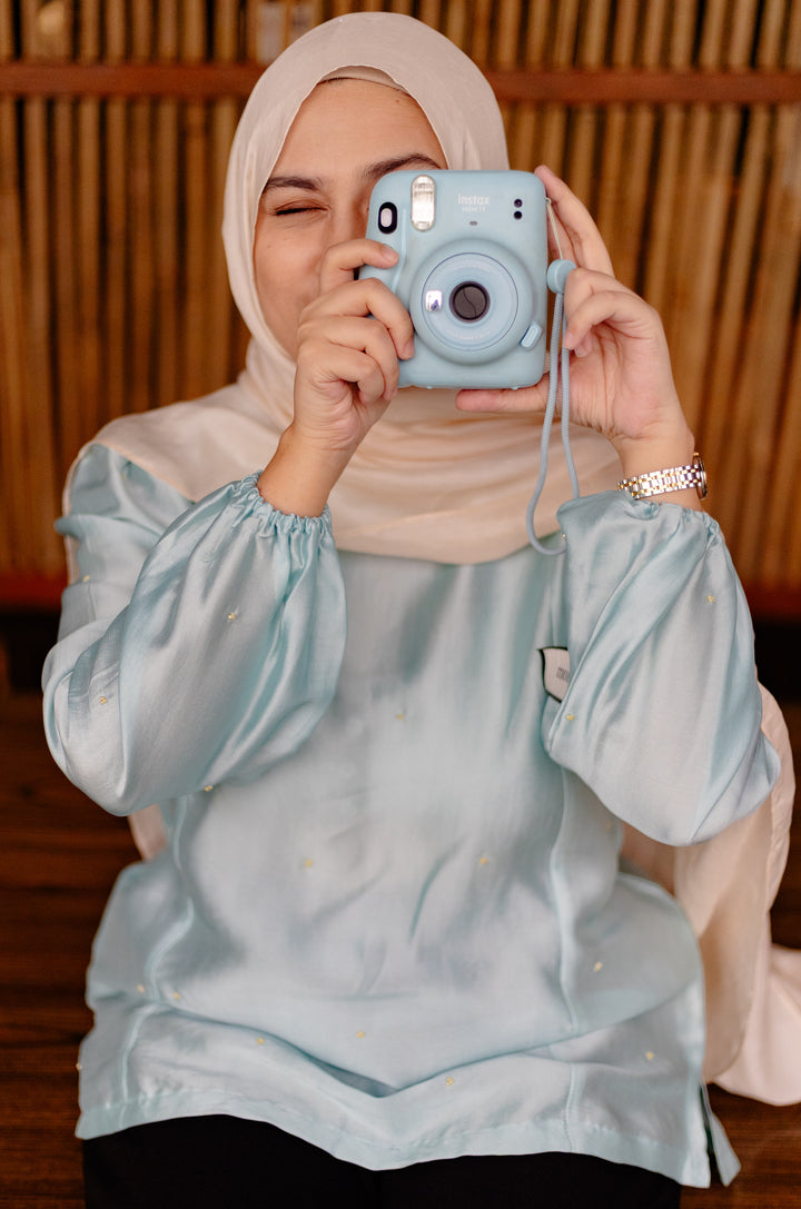Puffy Sleeve Aqua Blue Top